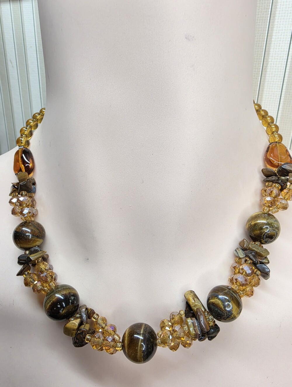 Tiger Eye & Amber Crystal Statement Necklace 15" Artisan